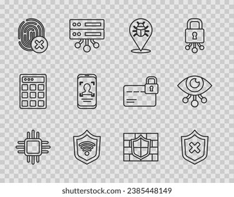 Set line Processor with microcircuits CPU, Shield cross mark, System bug, WiFi wireless, Cancelled fingerprint, Mobile and face recognition, brick wall and Eye scan icon. Vector