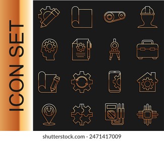 Set line Processor with microcircuits CPU, House gear, Toolbox, Timing belt kit, Document settings and pen, Human head inside, Pencil and Drawing compass icon. Vector