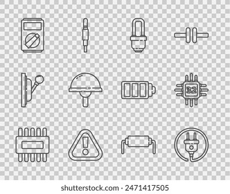 Set line Processor with microcircuits CPU, Electric plug, LED light bulb, Exclamation mark in triangle, Multimeter, Light emitting diode, Resistor electricity and  icon. Vector