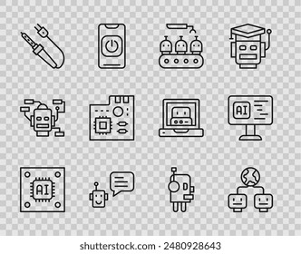 Set Line Prozessor mit Mikroschaltungen CPU, Künstliche Intelligenz, Industrie und Gewerbe Roboterproduktion, Bot, Lötkolben, Motherboard Digitalchip, Roboter und Software Icon. Vektorgrafik