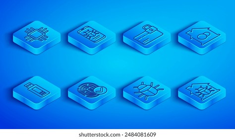 Procesador de línea con microcircuitos CPU, error del sistema en el móvil, cerradura de la tarjeta de crédito, huella dactilar, hogar inteligente, unidad flash USB e icono del sistema de la casa. Vector