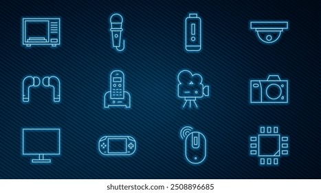 Set line Processador com microcircuitos CPU, câmera fotográfica, indicador de nível de carga da bateria, telefone, fones de ouvido de ar, forno de micro-ondas, cinema retro e ícone de microfone. Vetor