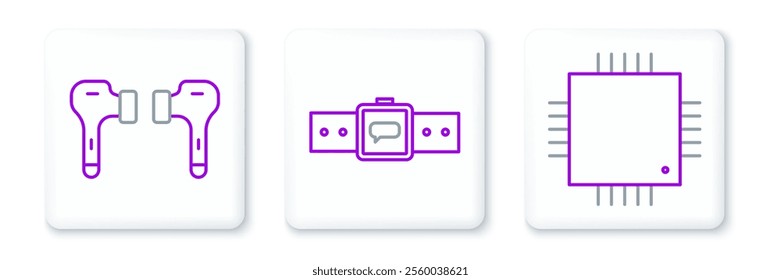 Set line Processor with microcircuits CPU, Air headphones and Smartwatch icon. Vector