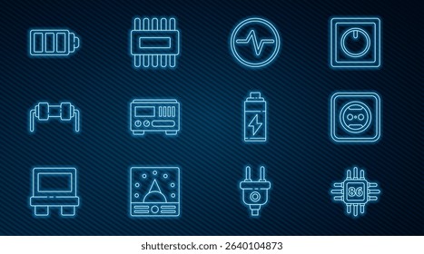 Set line Processor with microcircuits CPU, Electrical outlet, scheme, measuring instruments, Resistor electricity, Battery charge level indicator,  and  icon. Vector
