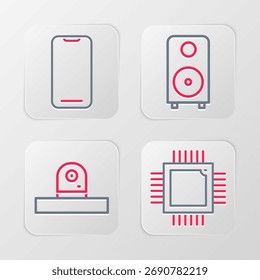 Set line Processor with microcircuits CPU, Security camera, Stereo speaker and Smartphone icon. Vector