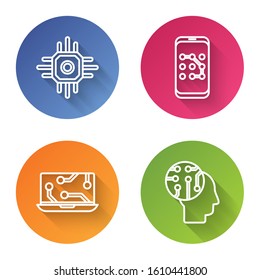 Set line Processor, Mobile and graphic password protection, Laptop and Human brain as digital circuit board. Color circle button. Vector