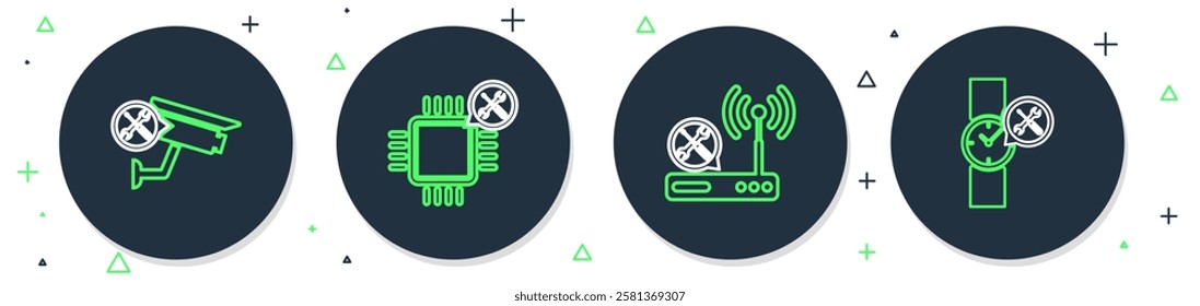 Set line Processor service, Router wi-fi, Security camera and Wrist watch icon. Vector