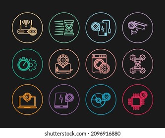 Set line Processor setting, Hourglass, Power bank, Toaster, Time management, Router and wi-fi, Washer and Old hourglass with sand icon. Vector