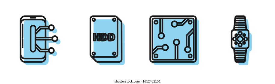 Set line Processor, Smartphone, mobile phone, Hard disk drive HDD and Smartwatch icon. Vector