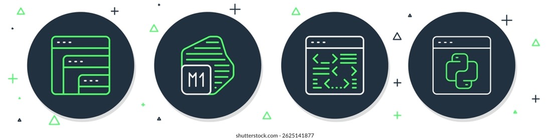 Set line Processor, Software,  and Python programming language icon. Vector