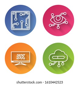 Set line Processor, Virtual reality, Monitor display with 5k video and Internet of things. Color circle button. Vector