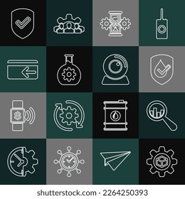 Set line Product development, Magnifying glass and analysis, Waterproof, Hourglass gear, Bioengineering, Cash back, Shield with check mark and Web camera icon. Vector
