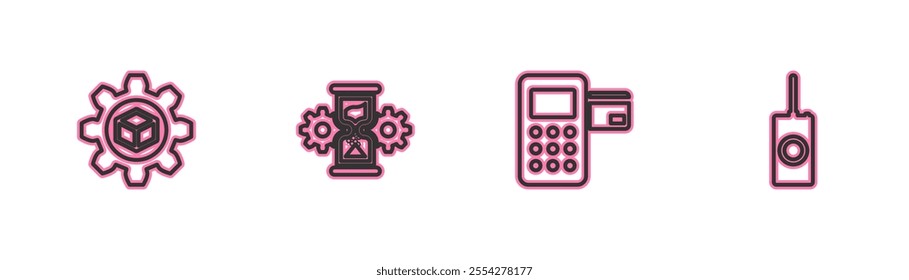 Set line Product development, Pos terminal, Hourglass and gear and Remote control icon. Vector