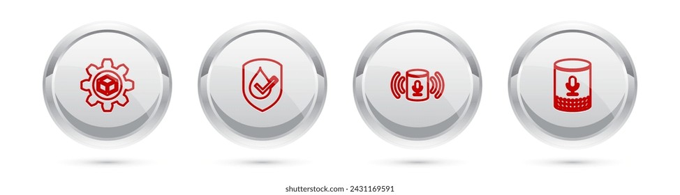 Set line Product development, Waterproof, Voice assistant and . Silver circle button. Vector