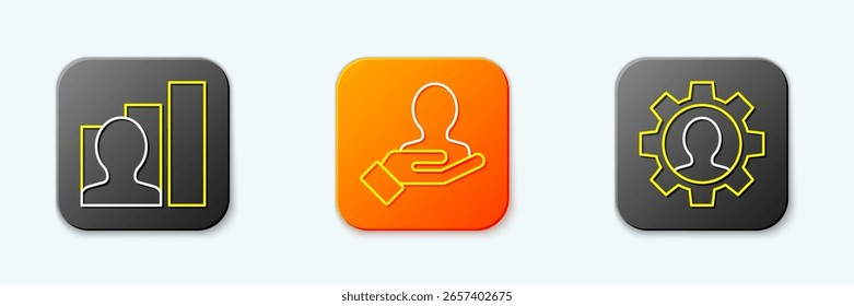 Línea de conjunto Humano productivo, Mano para personas de búsqueda y Humano con icono de engranaje. Vector