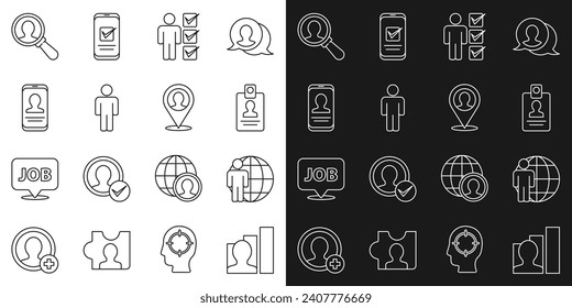 Línea Productiva humana, Caza de Cabeza, Identificación, Usuario de Trato Comercial, Móvil con currículum, Vidrio de Magnificación para la búsqueda y Icono de Localización. Vector