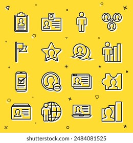 Set line Productive human, Head hunting, User of, Location marker, Clipboard with resume and Speech bubble chat icon. Vector