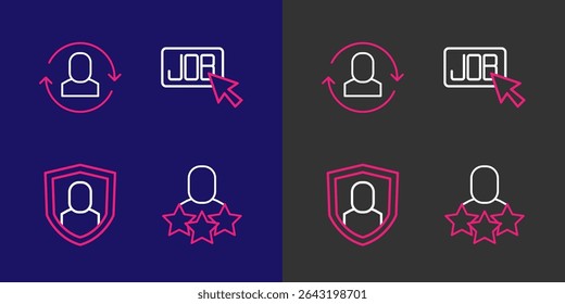 Establecer línea Humano productivo, Protección del usuario, trabajo de Búsqueda e ícono de trabajo de Exchange. Vector