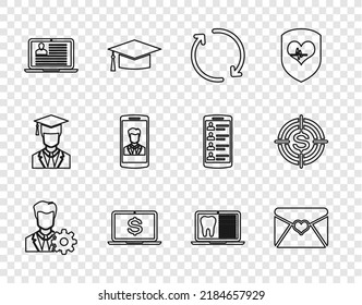 Set line Profile settings, Envelope with Valentine heart, Refresh, Laptop dollar, resume, Smartphone contact, dental card and Target icon. Vector