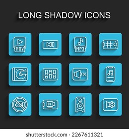 Set line Prohibition no video recording, Online play, MOV file, Stereo speaker, Music settings, Sound mixer controller, player and Speaker mute icon. Vector