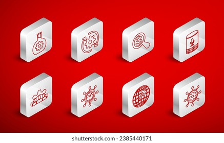 Set line Project management, Gear and arrows as workflow, Magnifying glass dollar, Voice assistant, Globe with flying plane, Bioengineering, Clock gear and team base icon. Vector