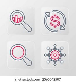 Set line Project management, Magnifying glass, Return of investment and and analysis icon. Vector