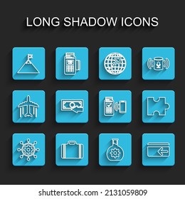 Set line Project management, Suitcase for travel, Mountains and flag, Bioengineering, Cash back, Piece of puzzle and POS terminal icon. Vector