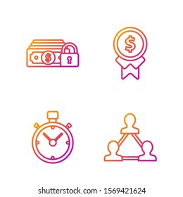 Set line Project team base, Stopwatch, Money with lock and Reward for good work. Gradient color icons. Vector