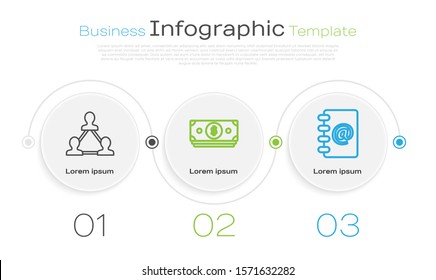 Set line Project team base, Stacks paper money cash and Address book. Business infographic template. Vector