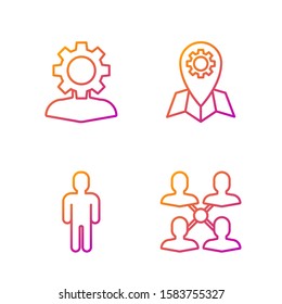Set line Project team base, User of man in business suit, Human with gear inside and Location job. Gradient color icons. Vector