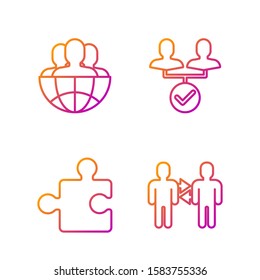 Set line Project team base, Piece of puzzle, Globe and people and Project team base. Gradient color icons. Vector