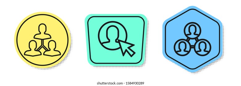 Set line Project team base, User of man in business suit and Project team base. Colored shapes. Vector