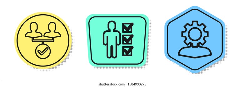 Set line Project team base, User of man in business suit and Human with gear inside. Colored shapes. Vector
