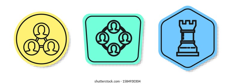 Set line Project team base, Project team base and Business strategy. Colored shapes. Vector