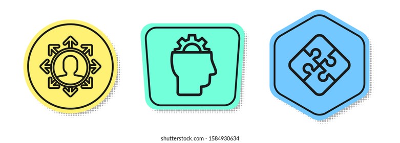 Set line Project team base, Human with gear inside and Piece of puzzle. Colored shapes. Vector