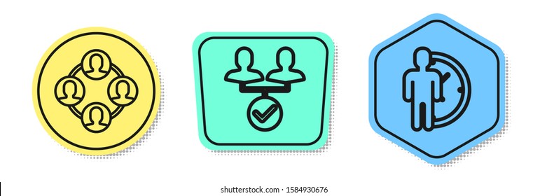 Set line Project team base, Project team base and Time Management. Colored shapes. Vector