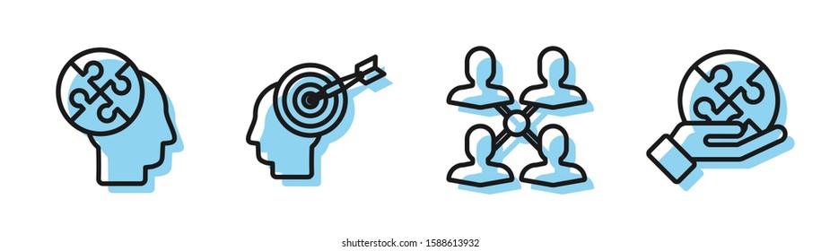 Set line Project team base, Human head puzzles strategy, Head hunting concept and Piece of puzzle in hand icon. Vector