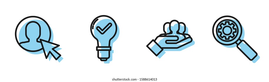 Set line Project team base, User of man in business suit, Light bulb and check mark and Magnifying glass and gear icon. Vector
