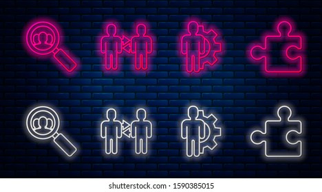 Set line Project team base, Human with gear inside, Magnifying glass for search a people and Piece of puzzle. Glowing neon icon on brick wall. Vector