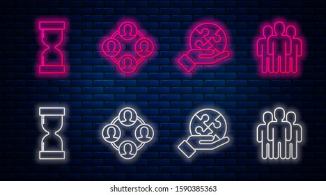 Set line Project team base, Piece of puzzle in hand, Old hourglass with flowing sand and Users group. Glowing neon icon on brick wall. Vector