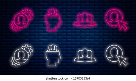 Set line Project team base, Users group, Human with gear inside and User of man in business suit. Glowing neon icon on brick wall. Vector