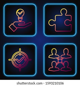 Set line Project team base, Target and check mark, Light bulb in hand and Piece of puzzle. Gradient color icons. Vector