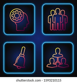Set line Project team base, Ringing bell, Human head with gear inside and Users group. Gradient color icons. Vector