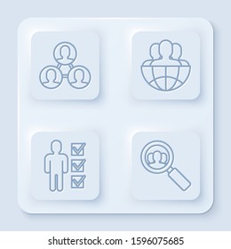 Set line Project team base, Globe and people, User of man in business suit and Magnifying glass for search a people. White square button. Vector