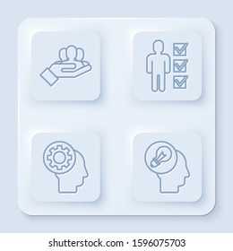 Set line Project team base, User of man in business suit, Human head with gear inside and Human head with lamp bulb. White square button. Vector