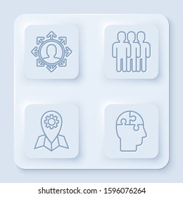 Set line Project team base, Users group, Location job and Human head puzzles strategy. White square button. Vector