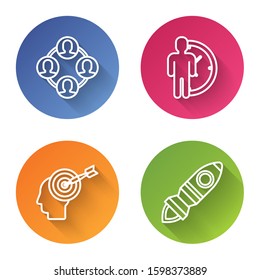 Set line Project team base, Time Management, Head hunting concept and Rocket ship with fire. Color circle button. Vector