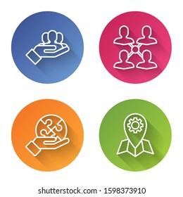 Set line Project team base, Project team base, Piece of puzzle in hand and Location job. Color circle button. Vector
