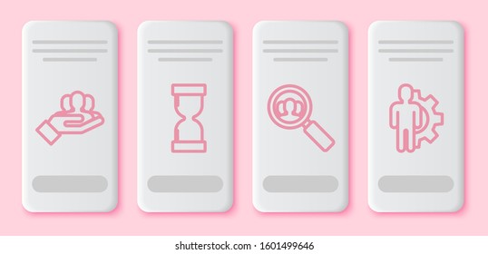 Set line Project team base, Old hourglass with flowing sand, Magnifying glass for search a people and Human with gear inside. White rectangle button. Vector