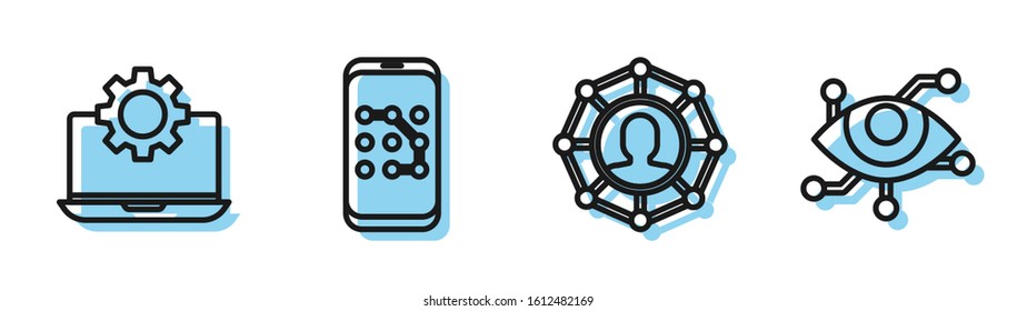 Set line Project team base, Laptop and gear, Mobile and graphic password protection and Virtual reality icon. Vector